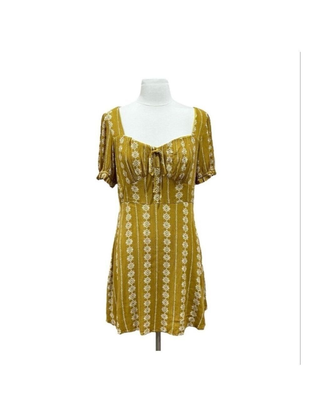 Hem & Thread Mustard Geometric Floral Boho Mini Dress Large - Picture 2 of 11